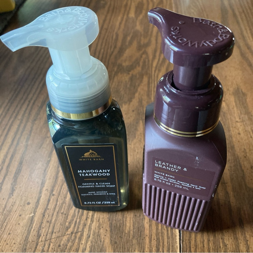 White Barn Mahogany Teakwood and Leather & Brandy Foaming Hand Soap Duo  NEW